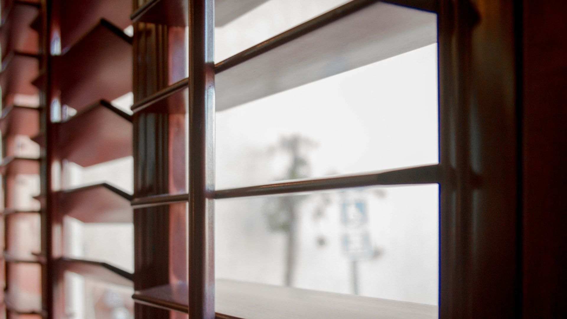 View outside of a window's wooden slat blinds.